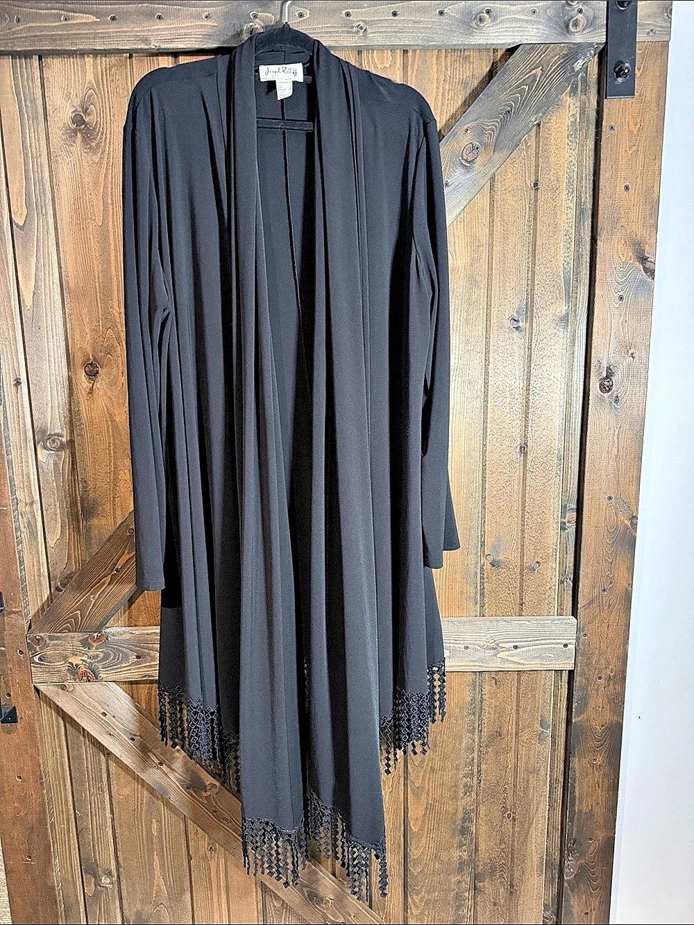 Joseph Ribkoff Open-Front Fringe Hem Draped Cardigan Black Size 10